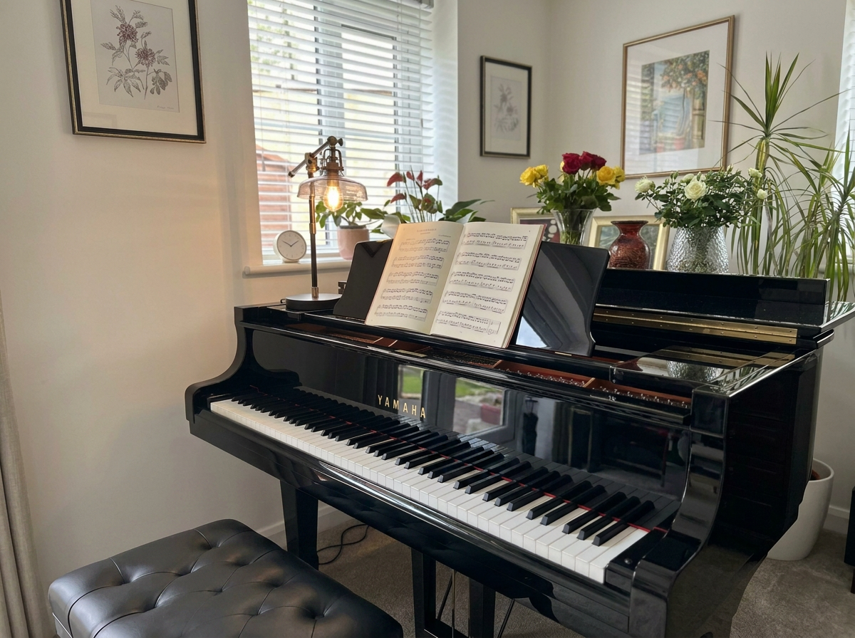 Glossy black Yamaha grand piano with open sheet music, flowers, houseplants, and framed botanical artwork in a bright room