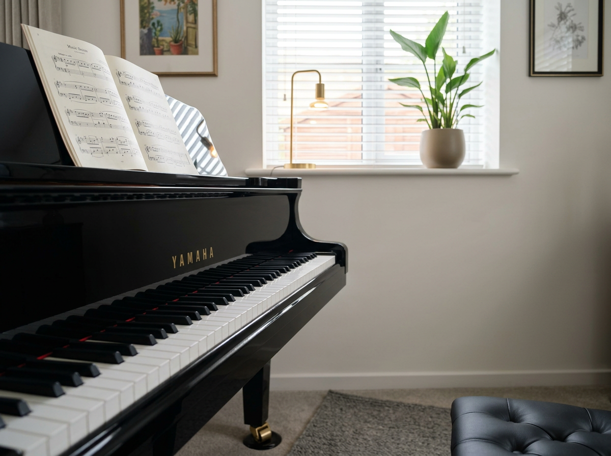 Black Yamaha grand piano with open sheet music in a bright living room, beside a potted plant and window.