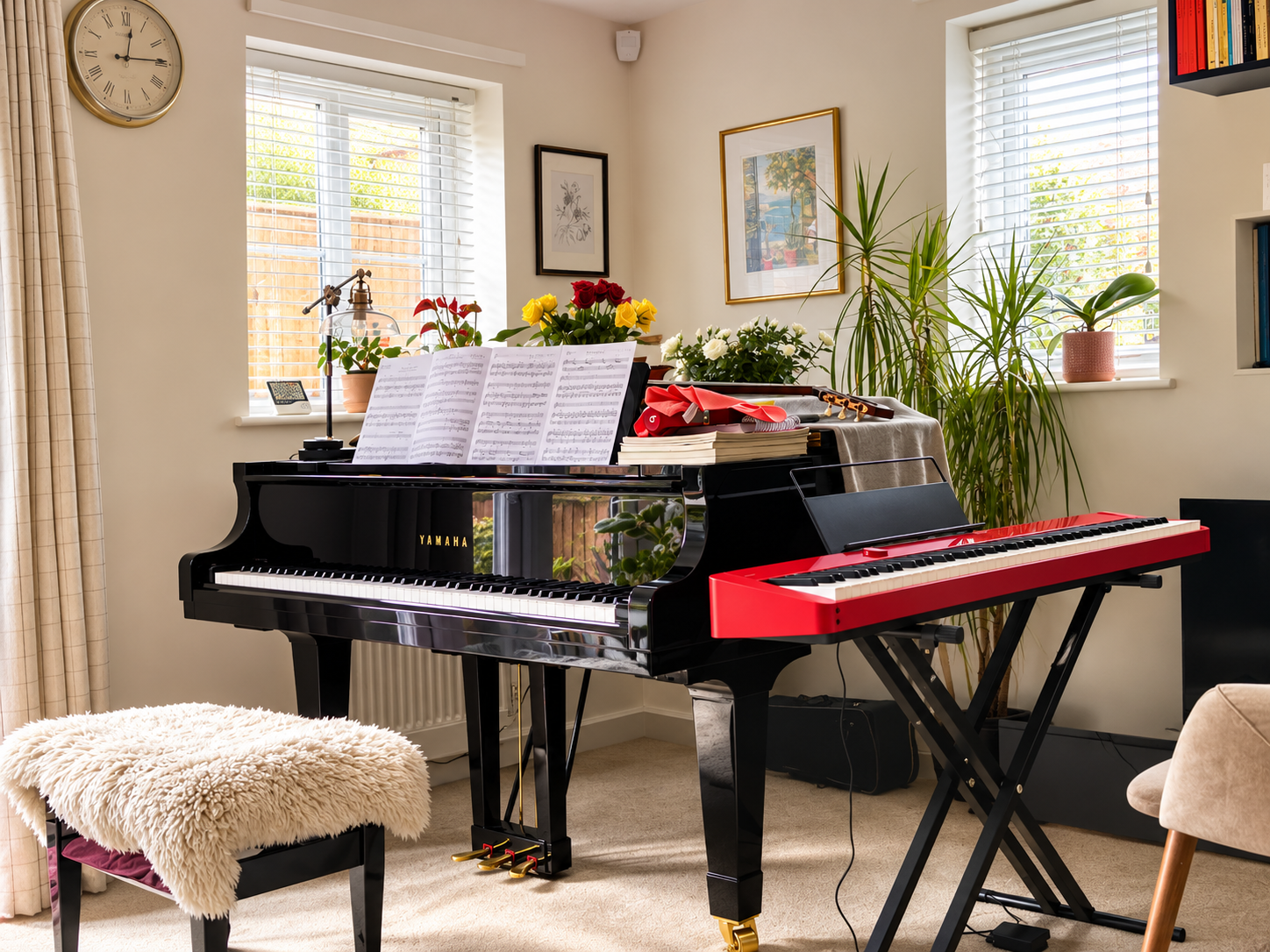 Sunlit music room with a Yamaha grand piano, sheet music, red digital keyboard, flowers, and houseplants