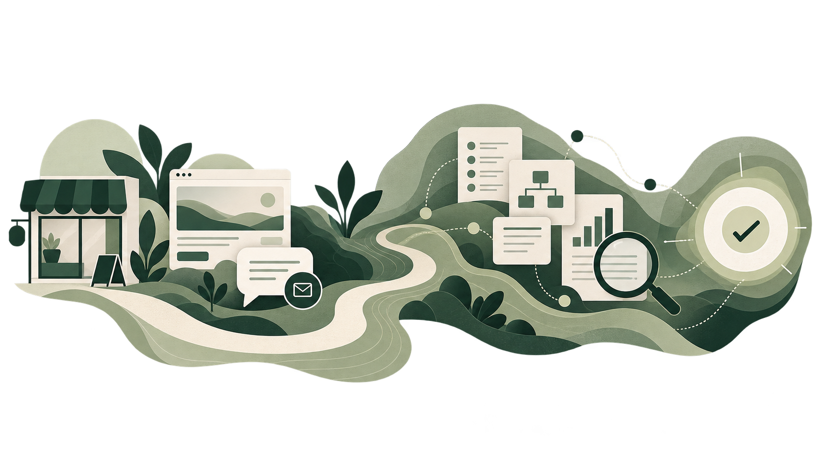 Illustration of a small storefront with a canopy, next to a window with a potted plant, and a path leading through a landscape with buildings, trees, and hills. Overlaid are icons representing communication, data, analysis, search, and measurement, connected by dotted lines, with a large checkmark in the background.