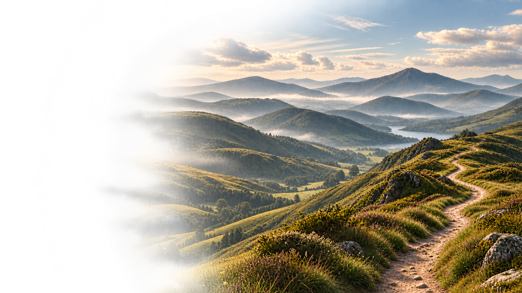 Scenic landscape of green rolling hills and distant mountains with a winding dirt path in the foreground, partly obscured on the left side by fog or mist.