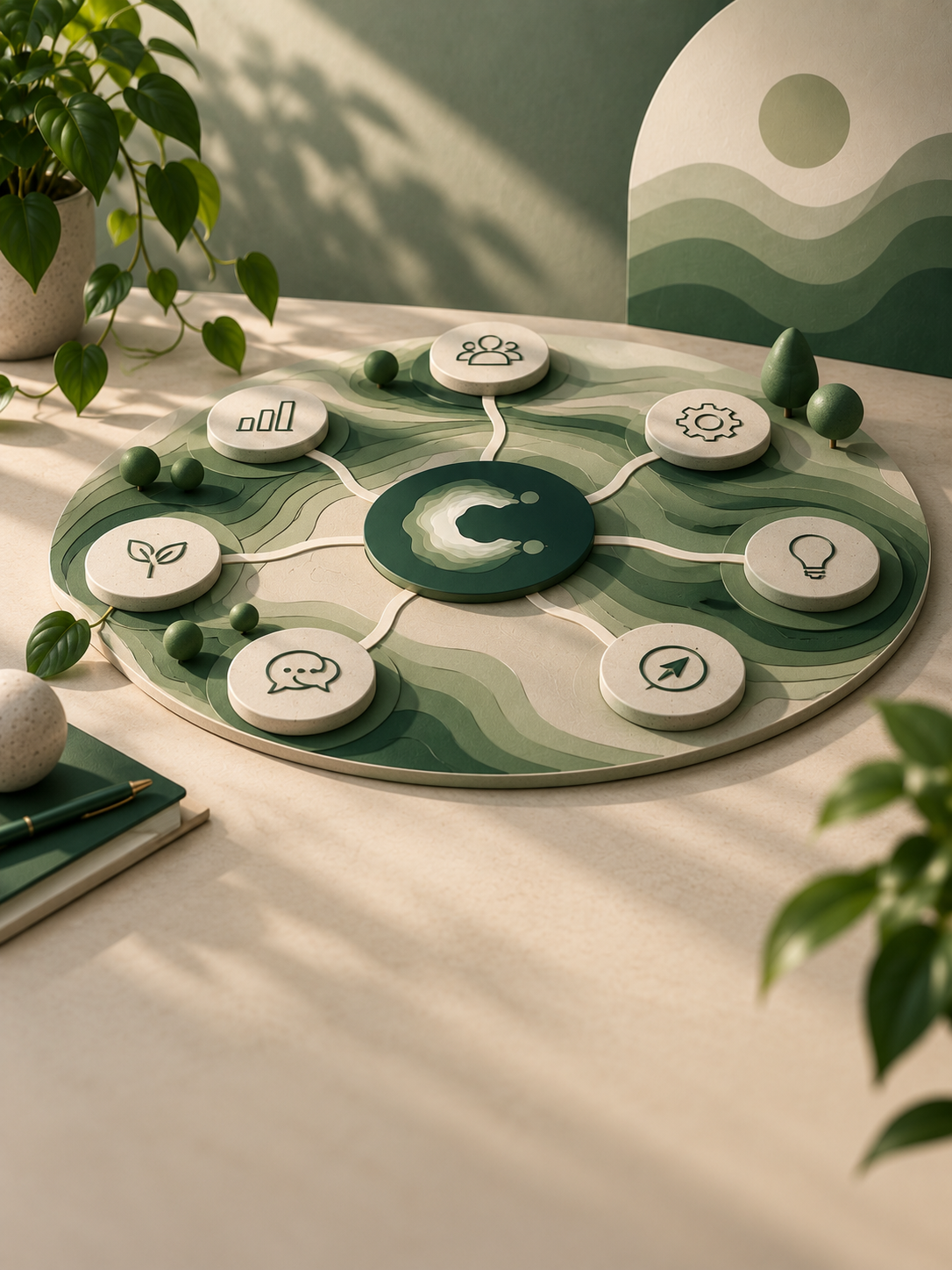 A circular infographic or presentation model with various icons representing data or concepts, set on a table with green plants in the background.