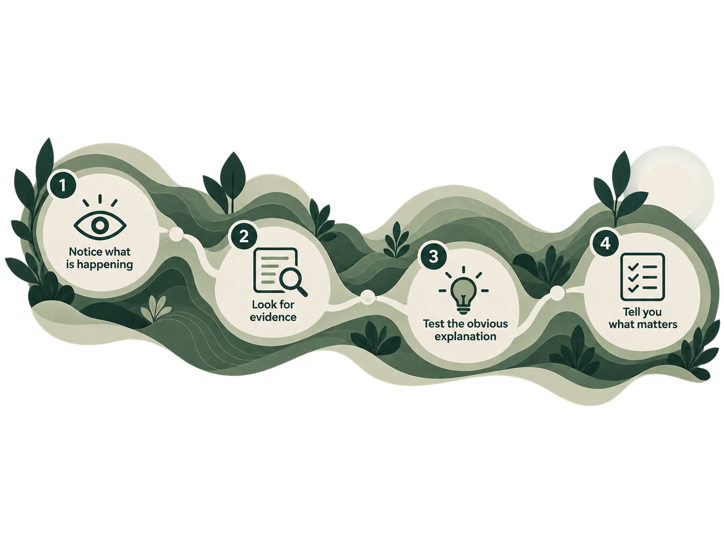 A visual guide with four steps on how to investigate a situation. Step 1: Notice what is happening, represented by an eye icon. Step 2: Look for evidence, represented by a magnifying glass over a document icon. Step 3: Test the obvious explanation, represented by a light bulb icon. Step 4: Tell you what matters, represented by a checklist icon. The background features a green, mountain-like pattern with leaves.