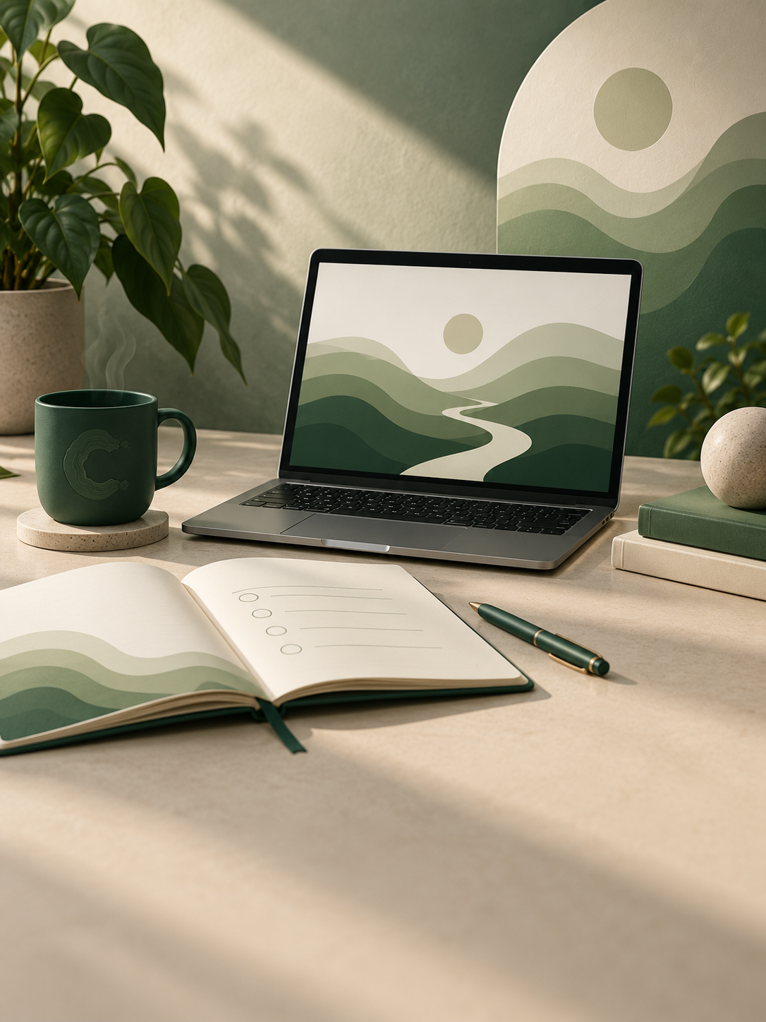 Desk with Open notebook, pen, laptop displaying a nature landscape, green mug, potted plant, and decorative items, all with matching nature-themed decor and artwork.