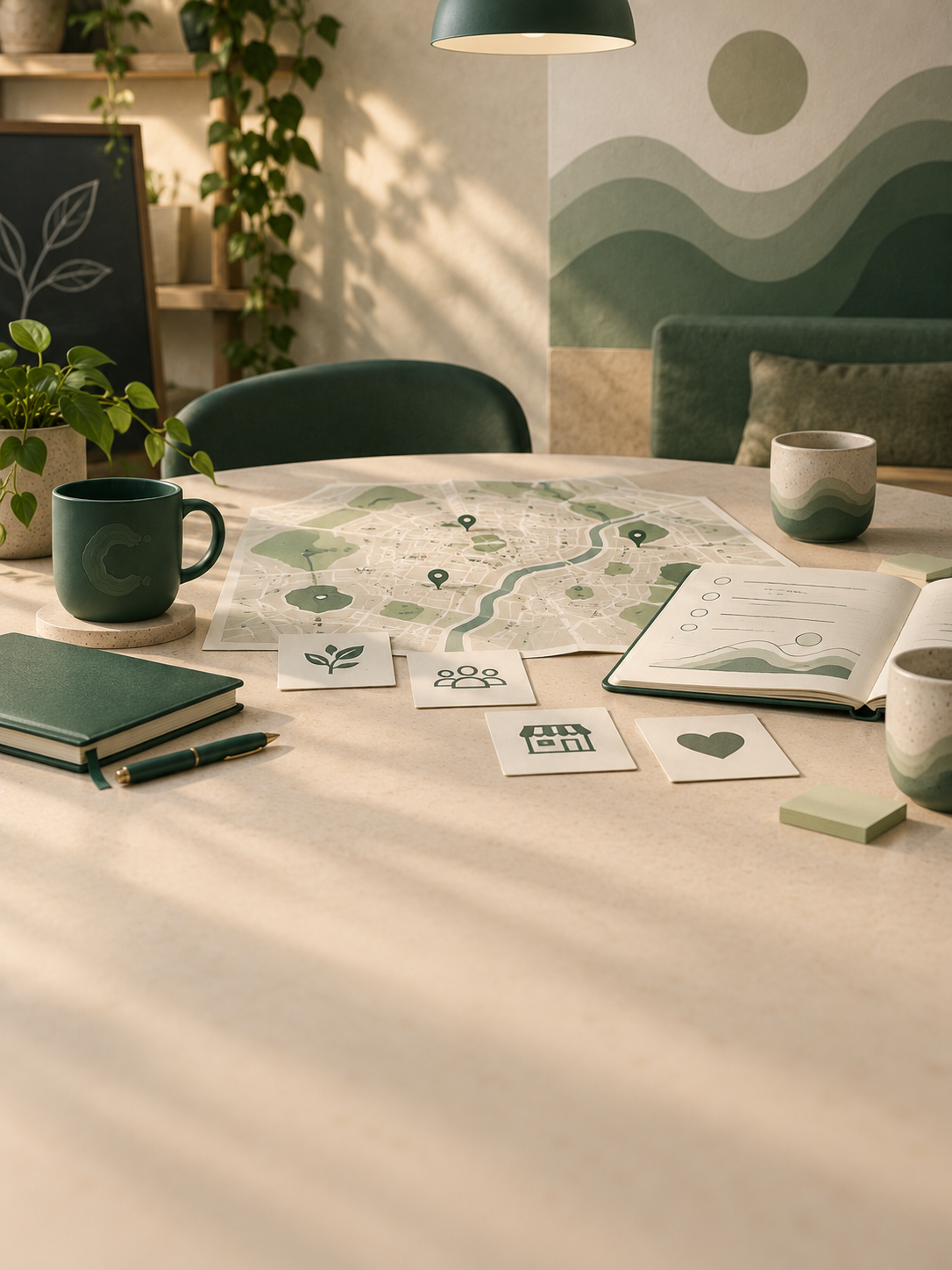 A meeting room table with a city map, two mugs, a notebook, pens, sticky notes, and various eco-friendly icons and symbols. The background has a mural, plants, and seating.