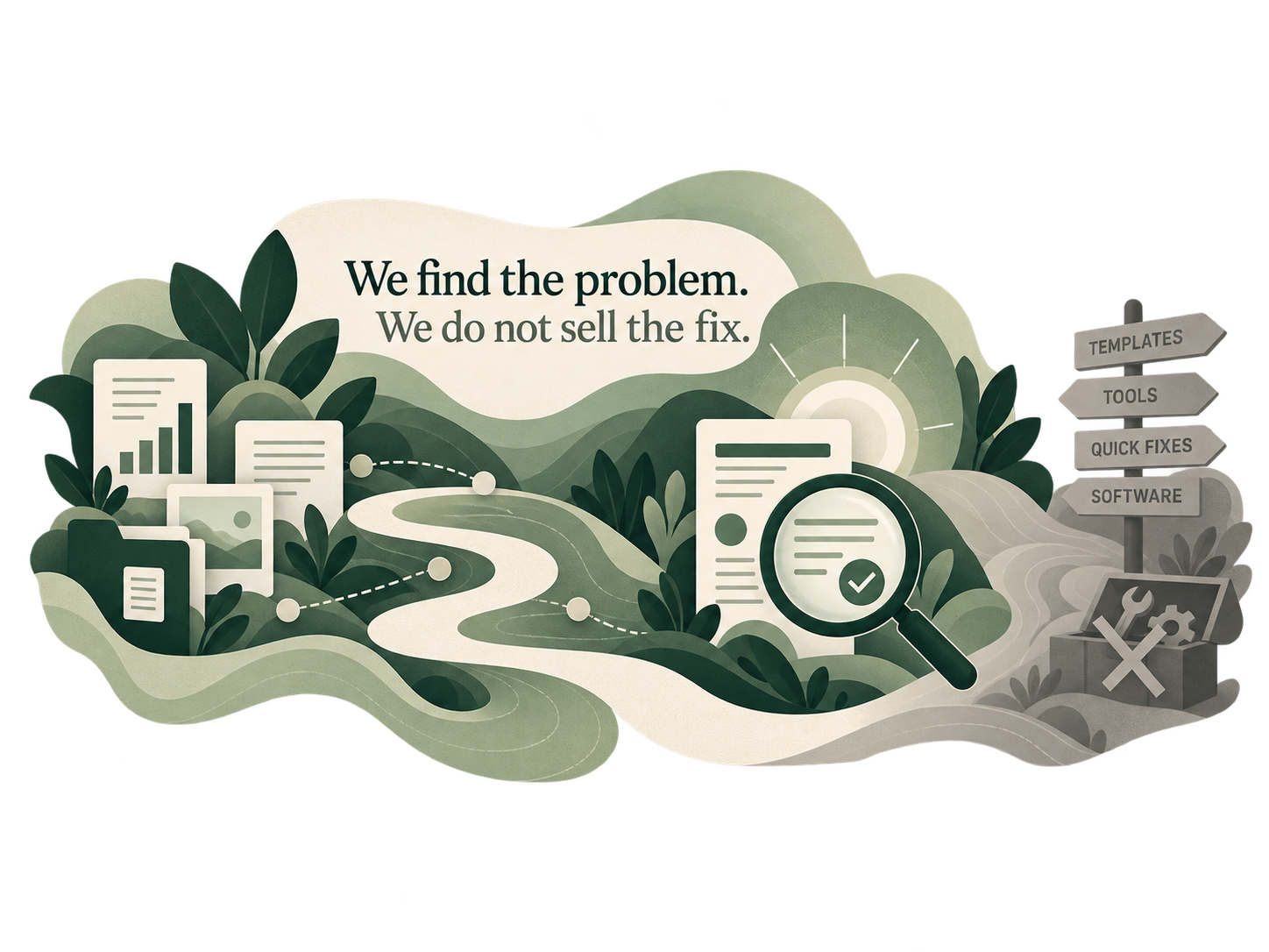 Environmental-themed infographic with the text 'We find the problem. We do not sell the fix.' Contains icons of documents, magnifying glass, and directional signs labeled 'Templates,' 'Tools,' 'Quick Fixes,' 'Software'.