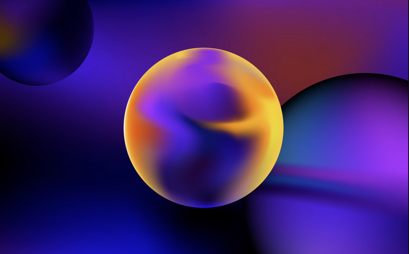 Une image abstraite avec trois sphères colorées dans des nuances de violet, jaune, orange et bleu, sur un fond sombre avec des dégradés de couleurs