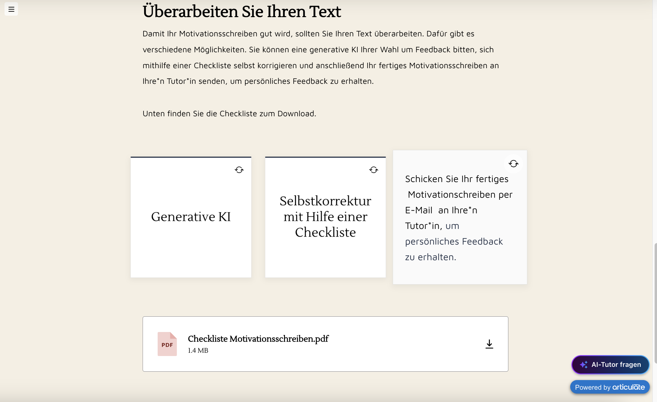 Feedback & Revision: Überarbeitung über generative KI, Checkliste und Tutorfeedback.