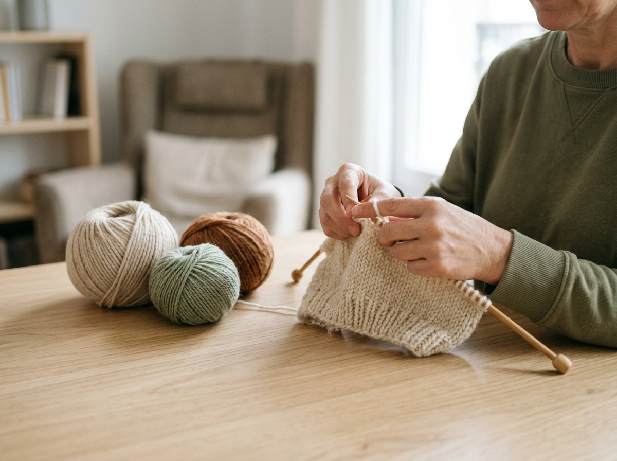 Persona tejiendo con ovillos de lana en colores beige, verde, marrón y blanca en una mesa de madera, en un ambiente hogareño con sillón y librero en el fondo.