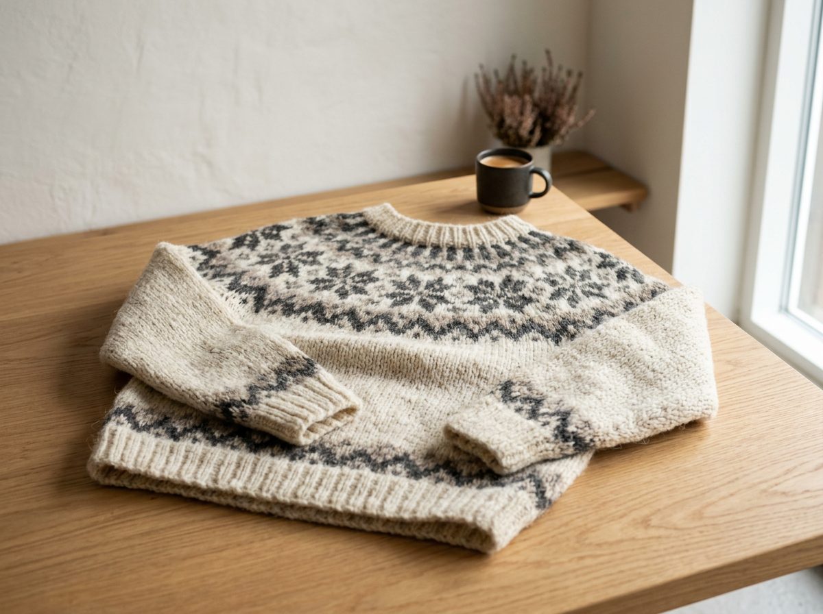 Suéter de lana con patrón de copos de nieve en la mesa de madera, con una taza y un jarrón con flores al fondo cerca de una ventana.