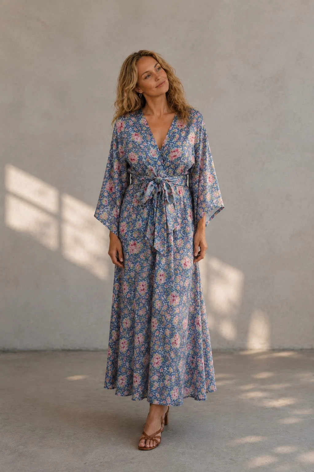 Mujer con cabello rizado rubio vestida con un vestido largo de color azul con estampado floral y cinturón en la cintura, de pie en una pared gris con luz que entra por la izquierda.