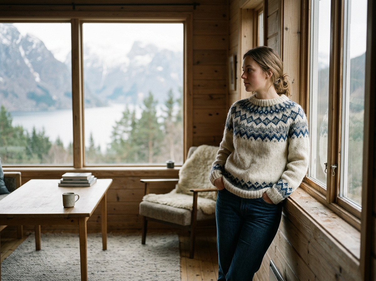 Mujer de cabello rubio y peinado en una coleta, con suéter de punto beige y azul, de pie junto a una ventana de madera en una habitación con vista a un paisaje montañoso y un lago, mientras mira hacia afuera con las manos en los bolsillos.