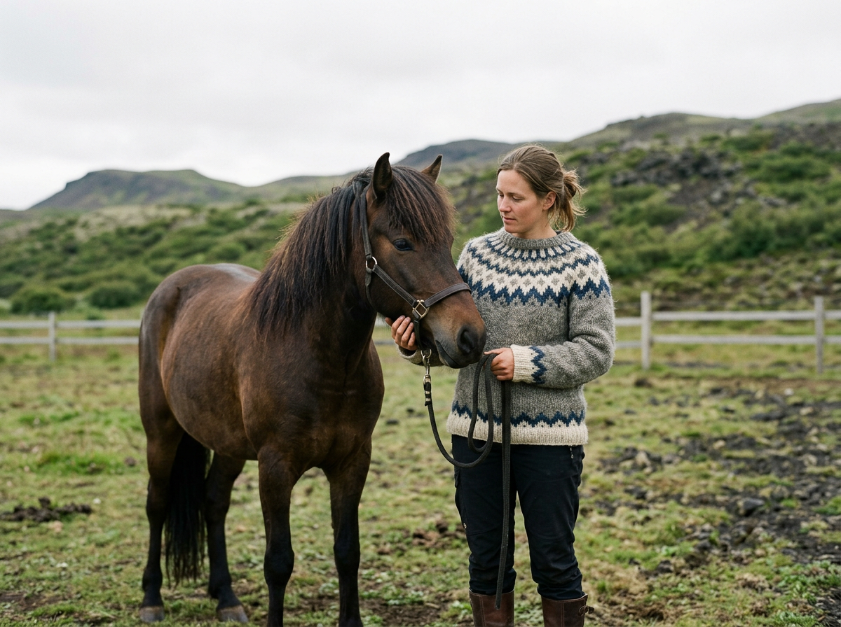 Una mujer con un suéter de colores y un caballo en un campo, con colinas verdes en el fondo.