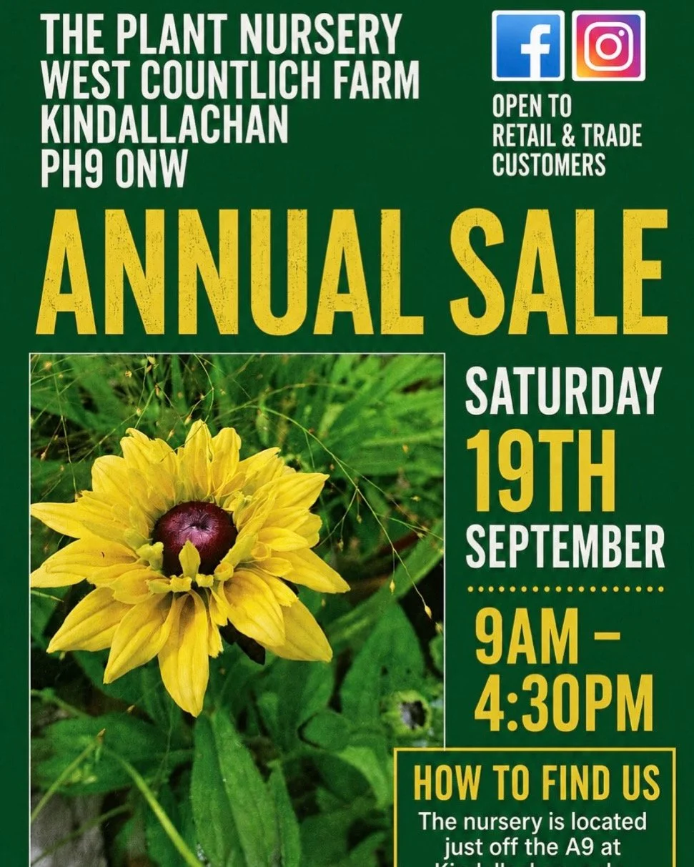 Flyer advertising the annual sale at The Plant Nursery in West Countylich Farm, Kindallachan, PH9 ONW, on Saturday, September 19th, from 9 AM to 4:30 PM. Features social media icons for Facebook and Instagram.