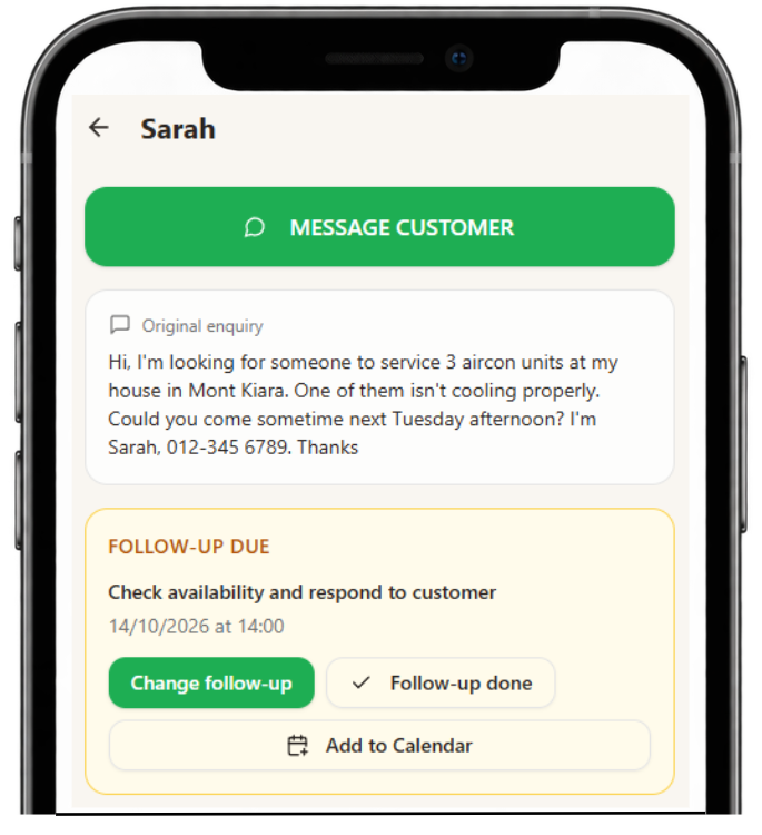 HeyMyBiz job screen showing a scheduled customer follow-up with date and follow-up actions.