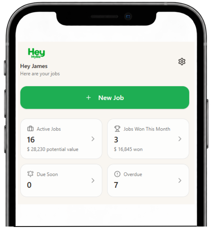 HeyMyBiz dashboard showing active jobs, jobs won, follow-ups due today and overdue follow-ups.