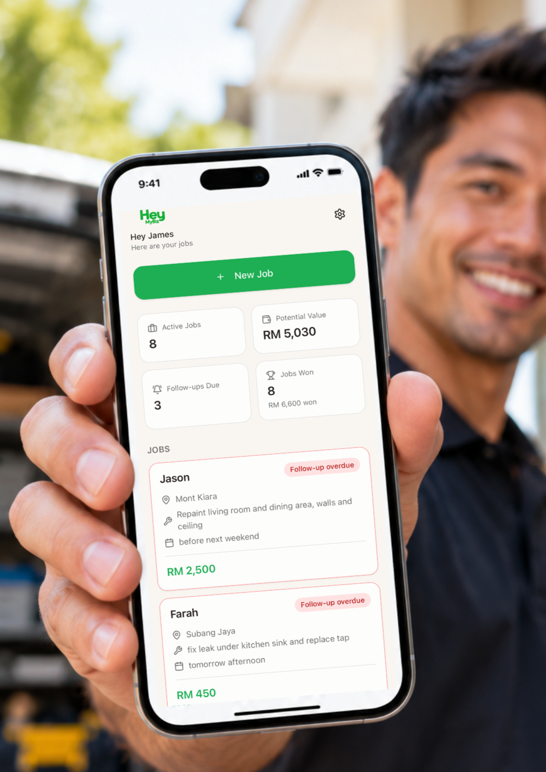Small business owner using HeyMyBiz to track jobs, follow-ups and potential job value.