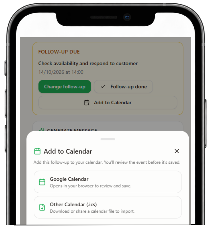 HeyMyBiz Add to Calendar screen showing options to save a follow-up reminder to a calendar.