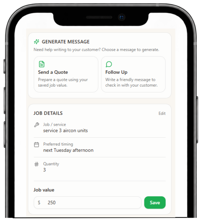HeyMyBiz message generator for creating and saving customer quote and follow-up messages.