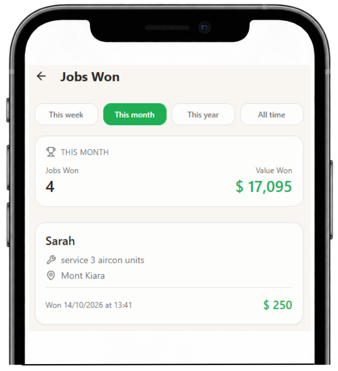 HeyMyBiz Jobs Won screen showing completed sales and their total value.