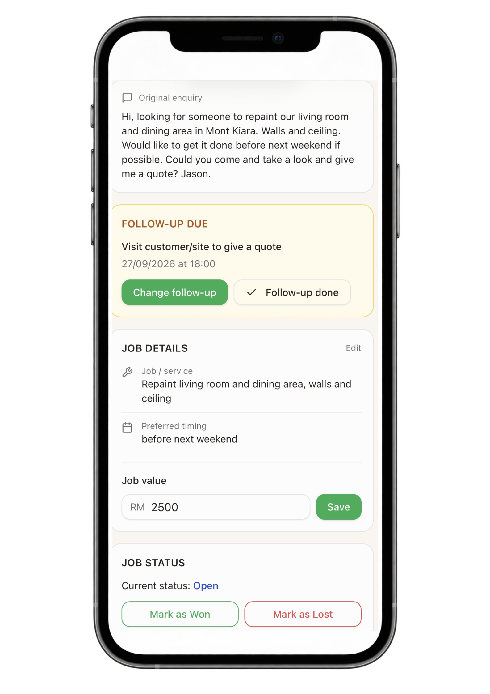 HeyMyBiz job screen showing customer details, job information, follow-up reminder and job status.