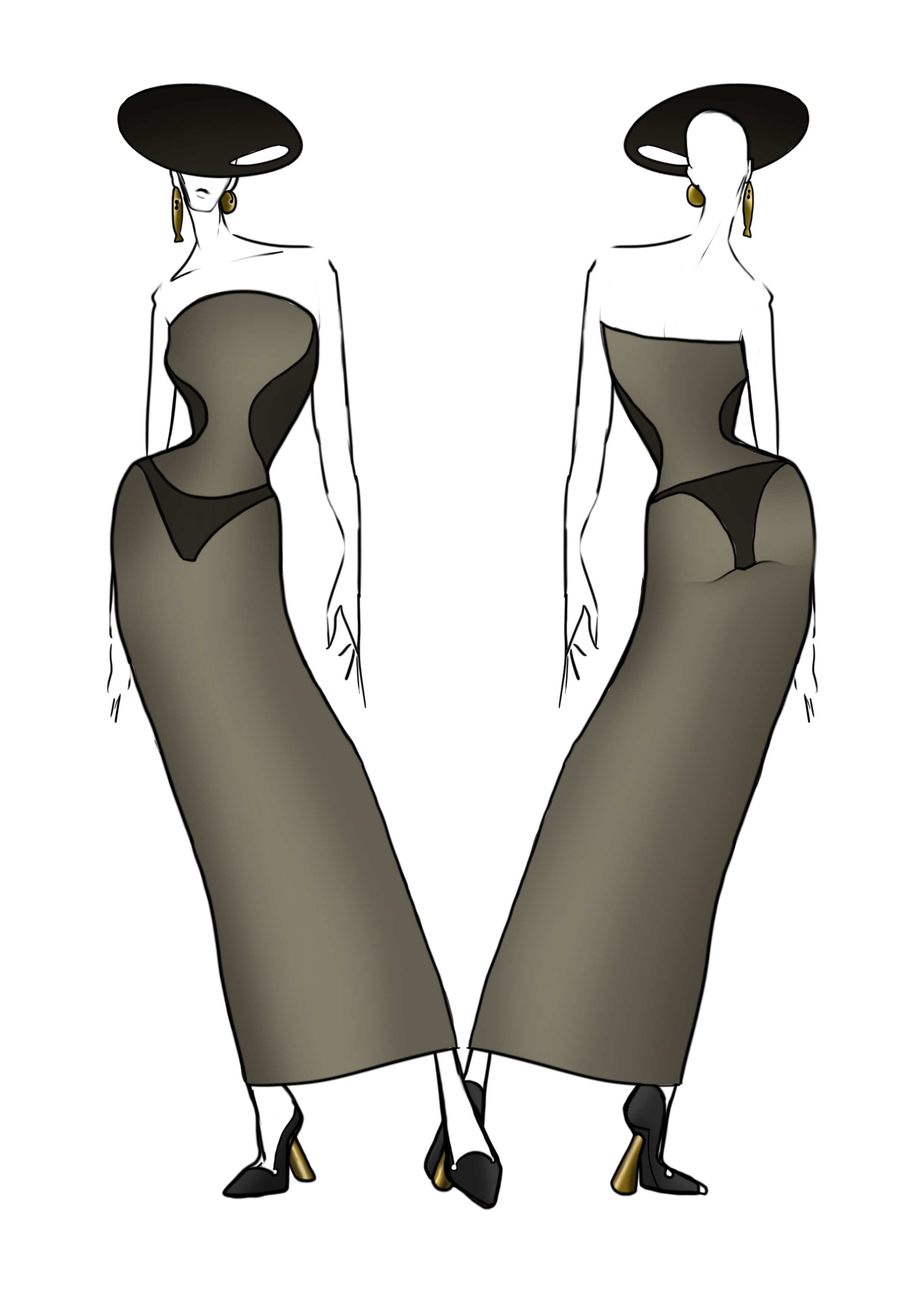 Beige cutout dress black hat.png