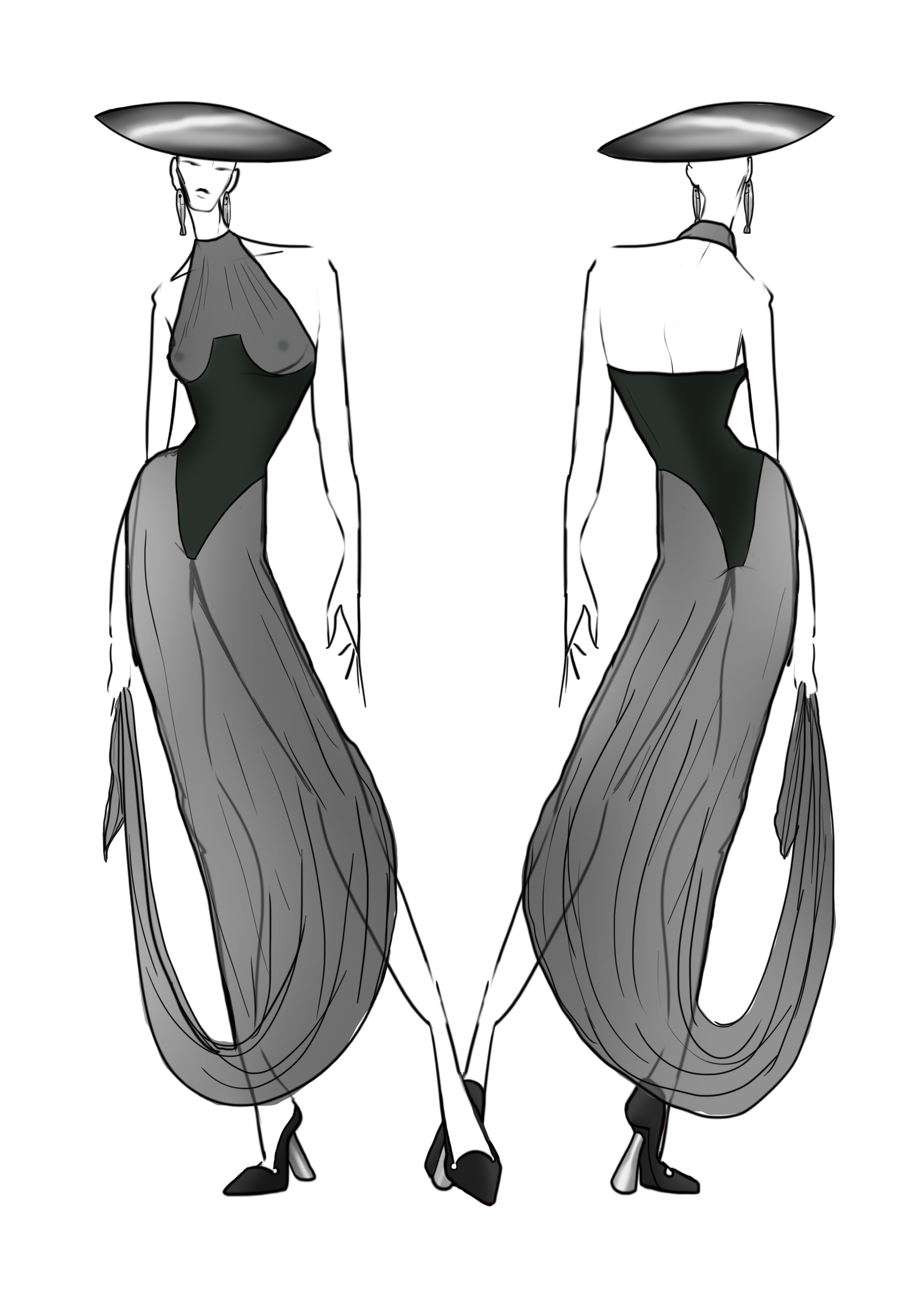 Silver hat holding drape gray dress.png