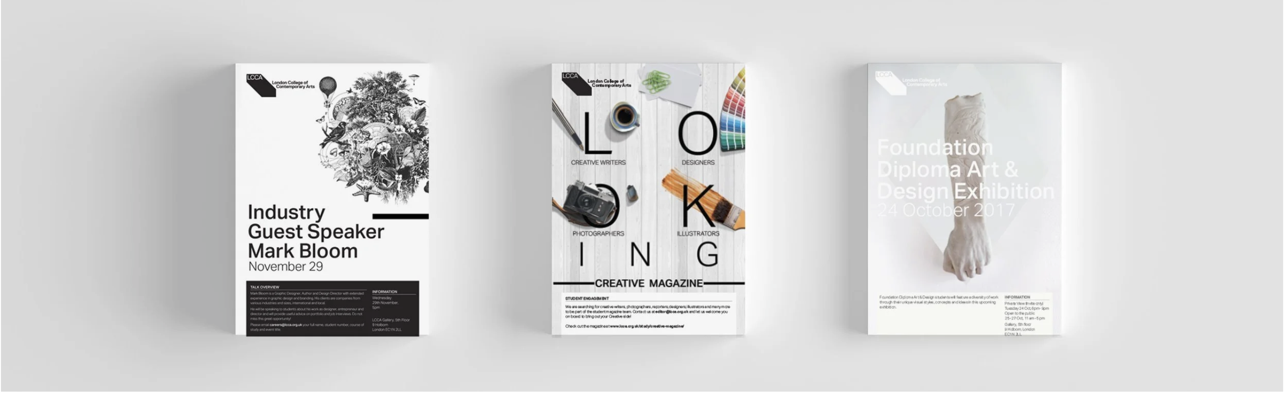 Three posters for London College of Contemporary Arts, featuring event information and artistic visuals, displayed against a white wall.