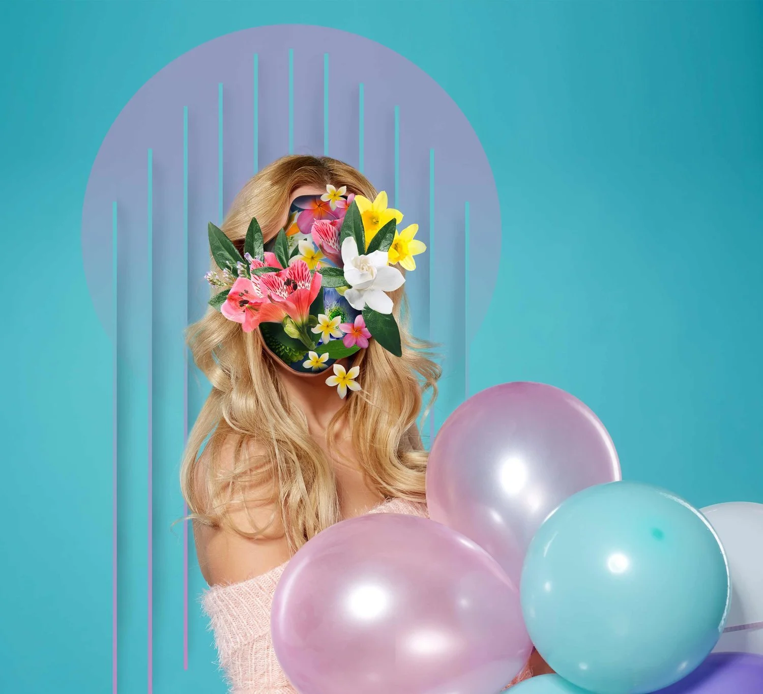 A woman with long blonde hair holding pink and light blue balloons. Her face is covered with an arrangement of colorful flowers, including lilies, orchids, and other blossoms, against a turquoise background with a faint purple circle and lines.