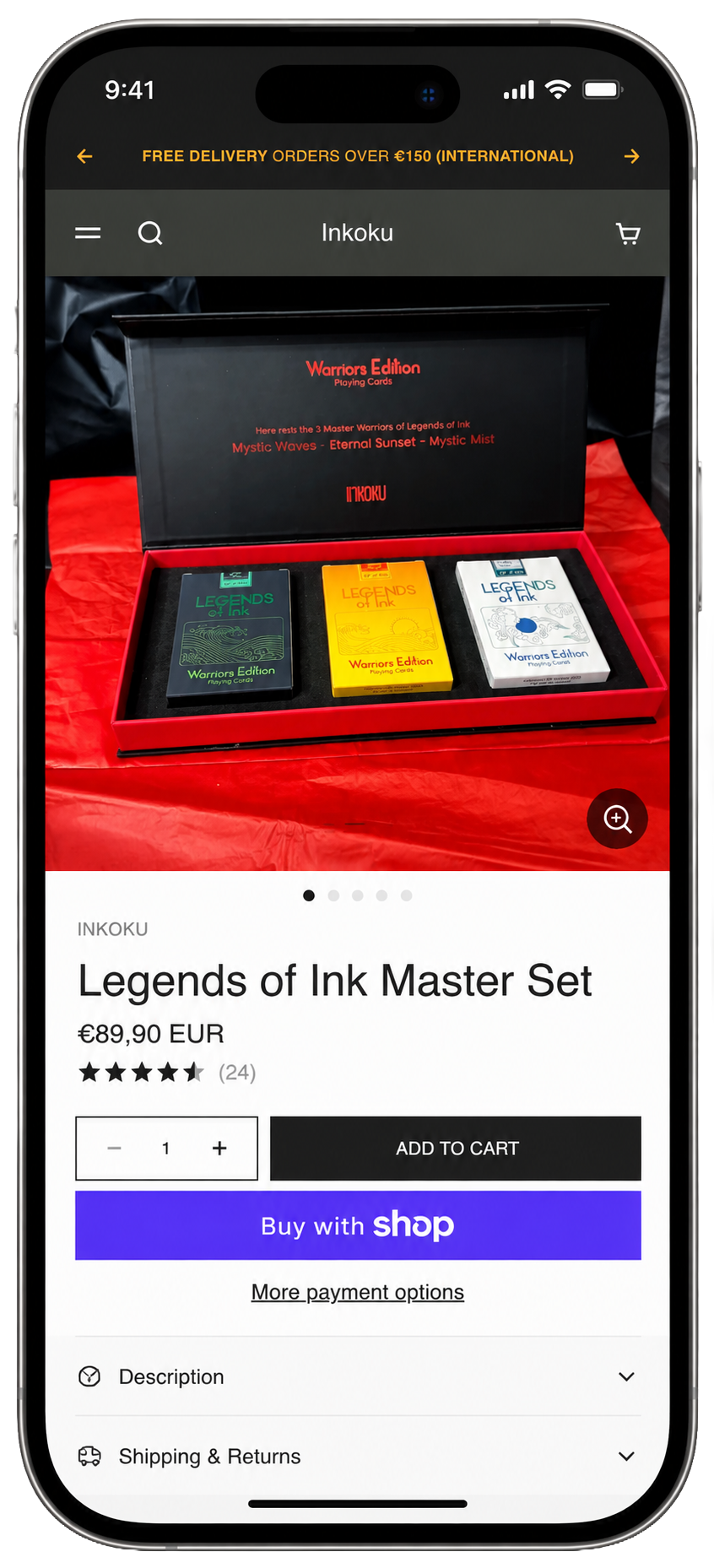 A mobile phone screen displaying a product page for the 'Legends of Ink Master Set' of playing cards by Inkoku, priced at €89.90 EUR, featuring a black, yellow, and white card box set in a presentation box.