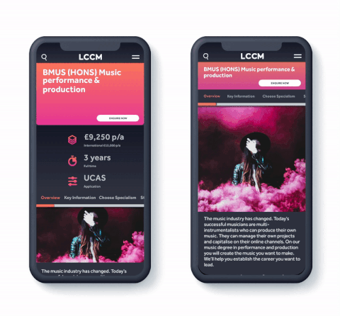 Two smartphones displaying a music industry app with pink and black interface, featuring a profile of a woman, music industry statistics, and information about careers in music.