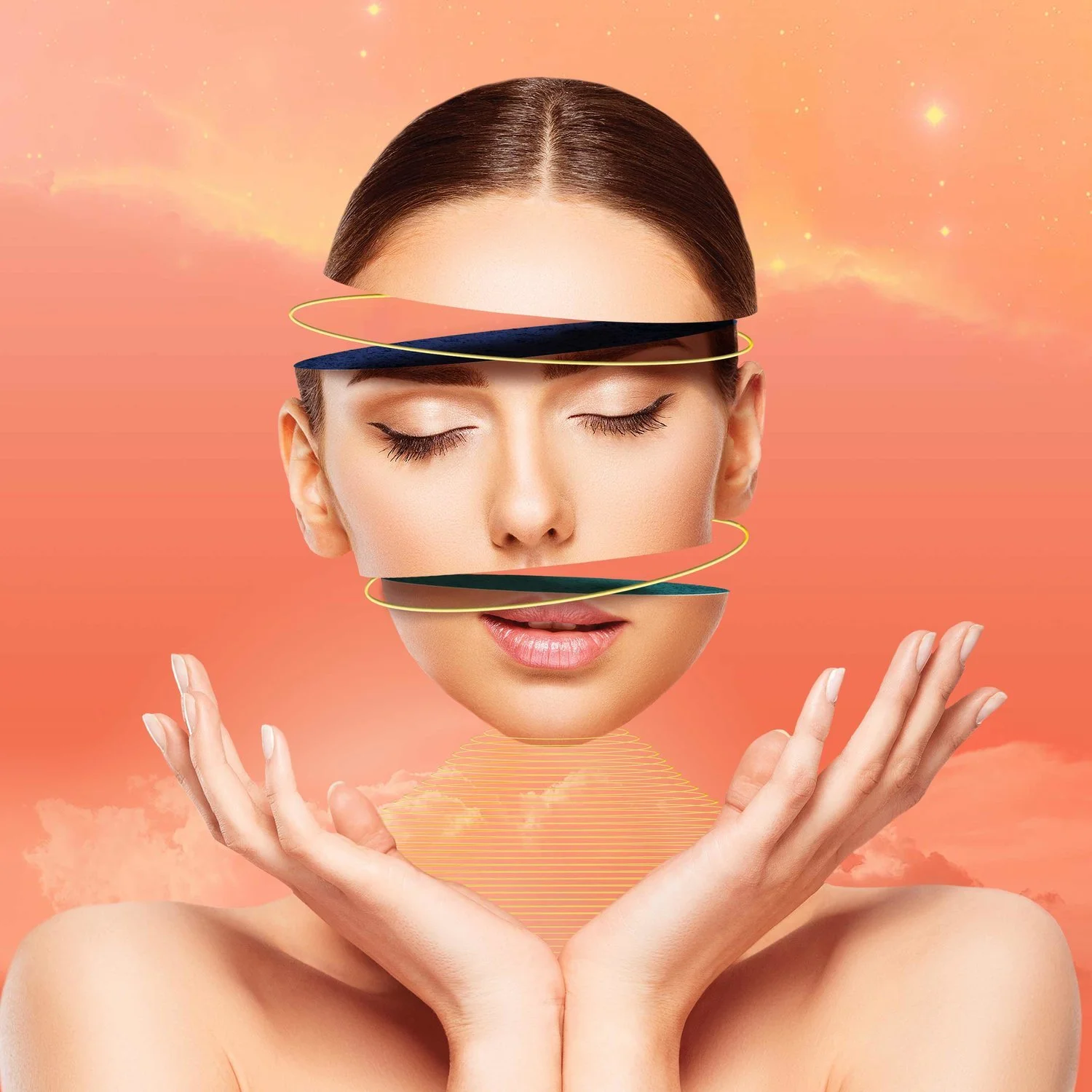 A woman's face with closed eyes and makeup, layered with horizontal strips that create a surreal, abstract design, against a pink and orange sky with clouds and stars.