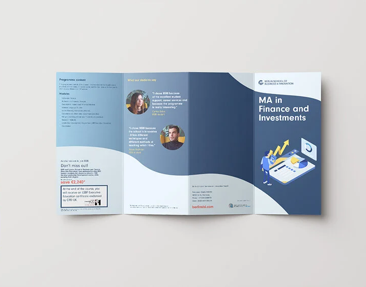 Tri-fold brochure for MA in Finance and Investments program featuring graphics of a person analyzing financial data and upward trending charts.