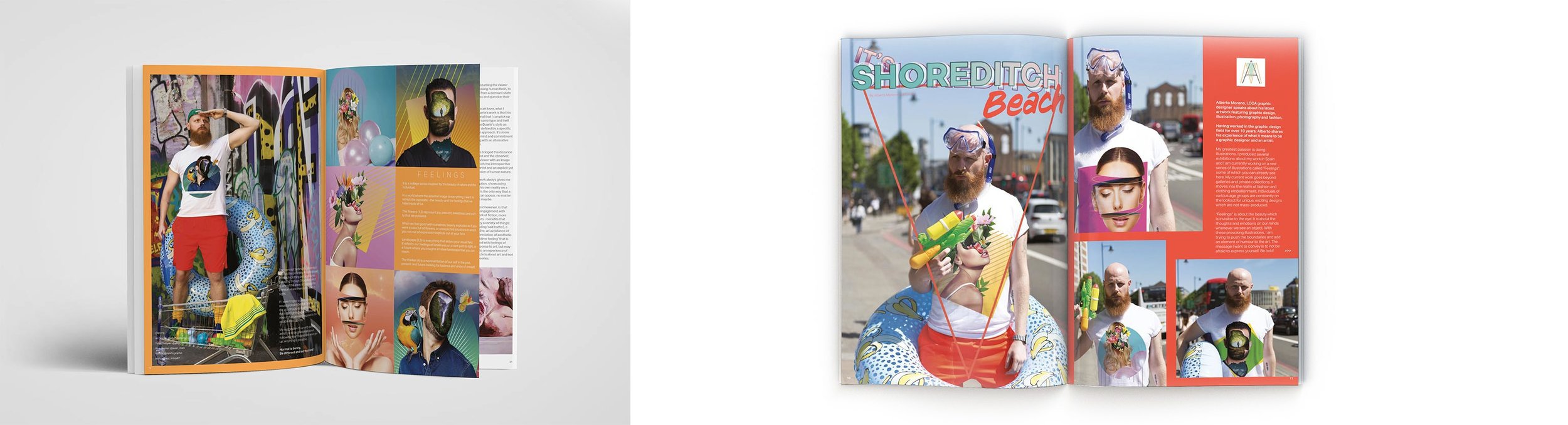 Open magazine featuring colorful, playful photos of a bearded man with a variety of props, including goggles, a toy water gun, and inflatable pool floaties, at Shoreditch Beach in London.