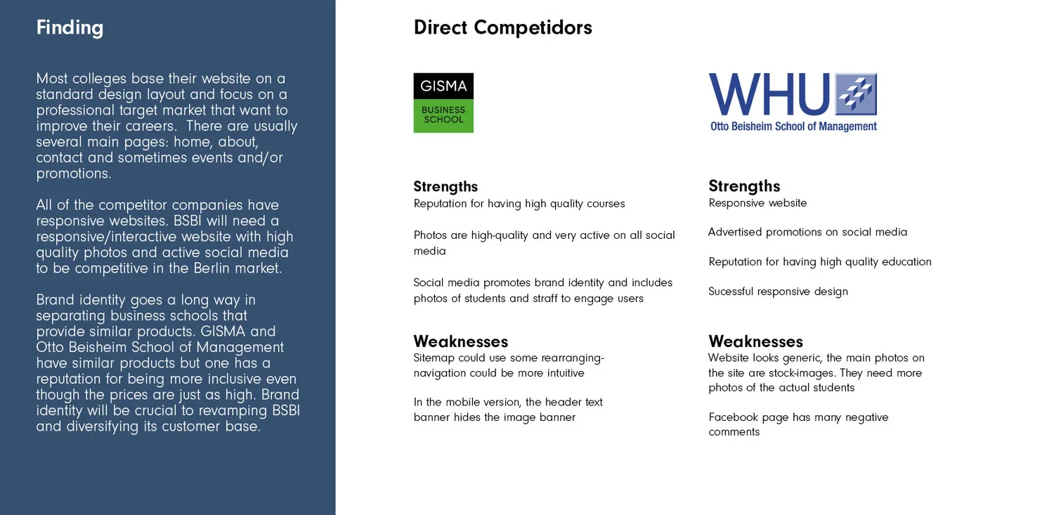 Comparison of two educational institutions' branding and website strengths, featuring Gisma Business School and Otto Beisheim School of Management, with text outlining their competencies and weaknesses.