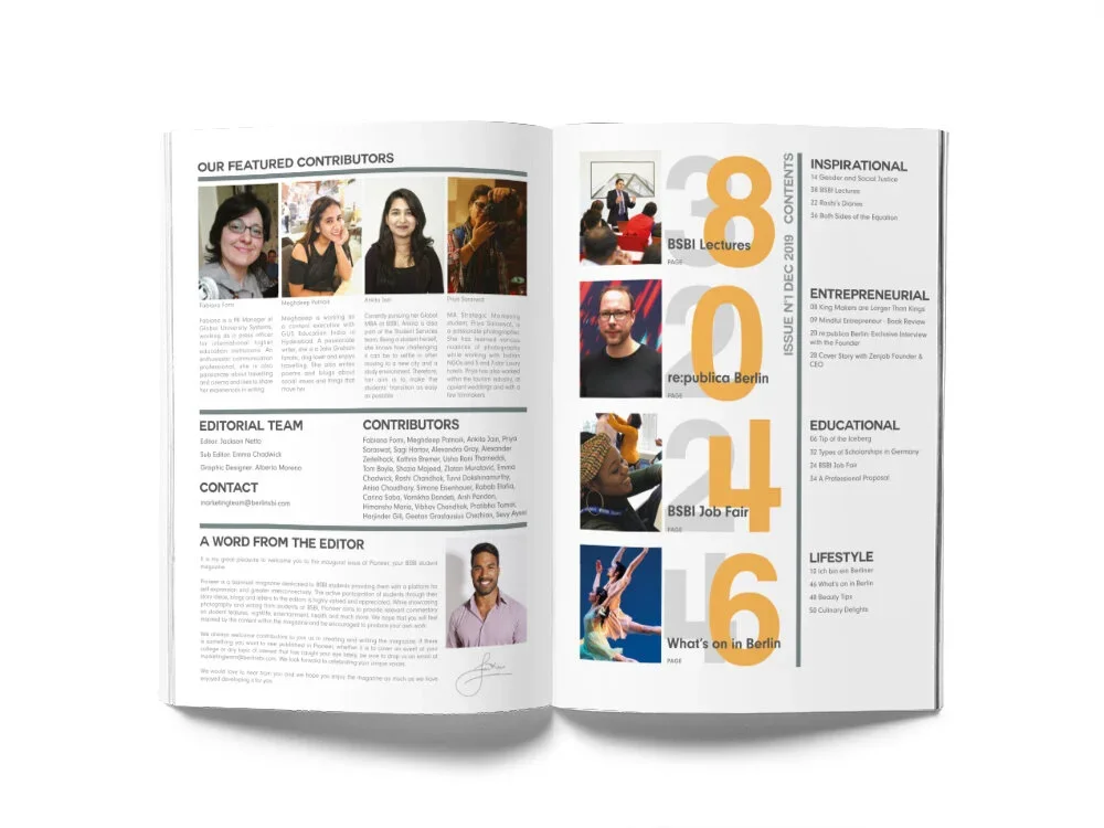 Open magazine displaying featured contributors, editorial team, contact info, a word from the editor, and a table of contents including sections on lectures, entrepreneurship, education, and lifestyle.