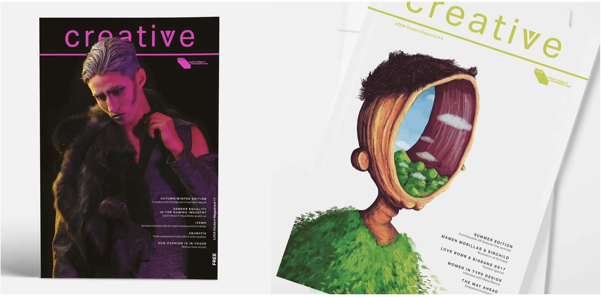 Two magazines with creative themes. The magazine on the left features a photo of a person with short hair and fur coat, with the title 'creative' in pink. The magazine on the right has an illustration of a face with an open head revealing a landscape with trees and clouds, with the title 'creative' in light green.