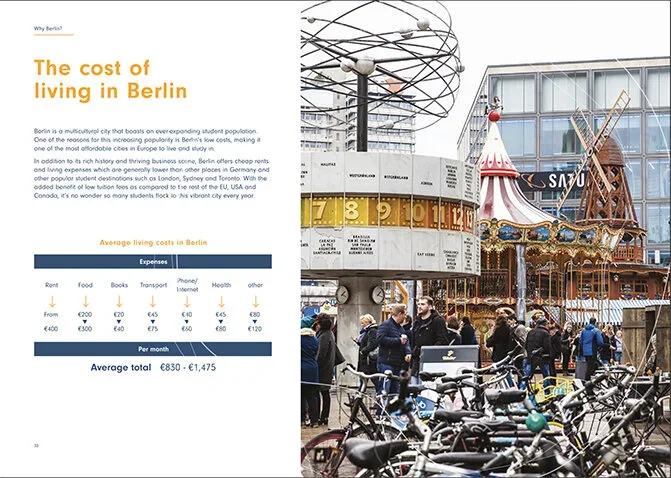 A bustling outdoor scene at an amusement park or fair in Berlin, featuring a vintage carousel, a nearby clock with rotating dials, and a crowd of people walking and biking.