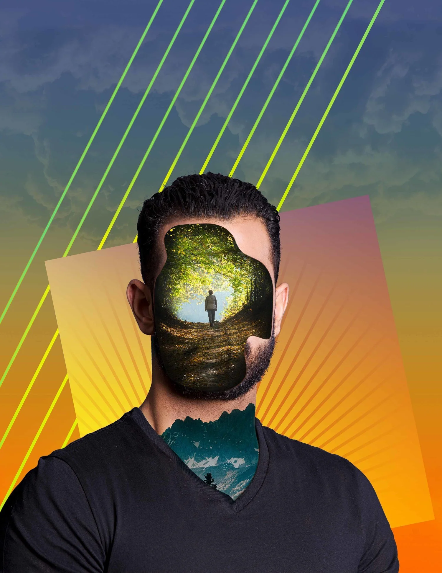 A digital artwork of a man with visual effects on face and body, blending a forest scene and mountain imagery into his face and neck, set against a colorful, abstract background with diagonal lines and radiant gradient.