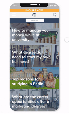 Mobile phone screen displaying a website with articles about managing money at university, starting a business, studying in Berlin, and career options after a marketing degree.