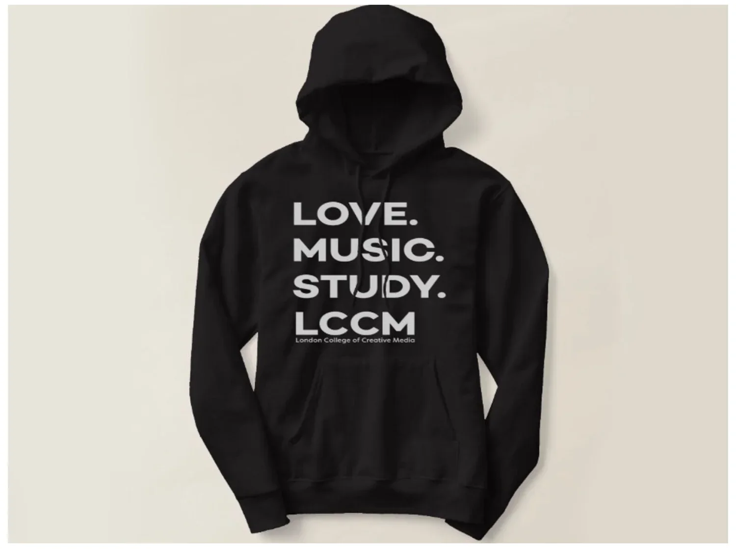Black hoodie with white text that reads, 'LOVE. MUSIC. STUDY. LCCM'. Below the text, it says, 'London College of Creative Media' on a plain off-white background.