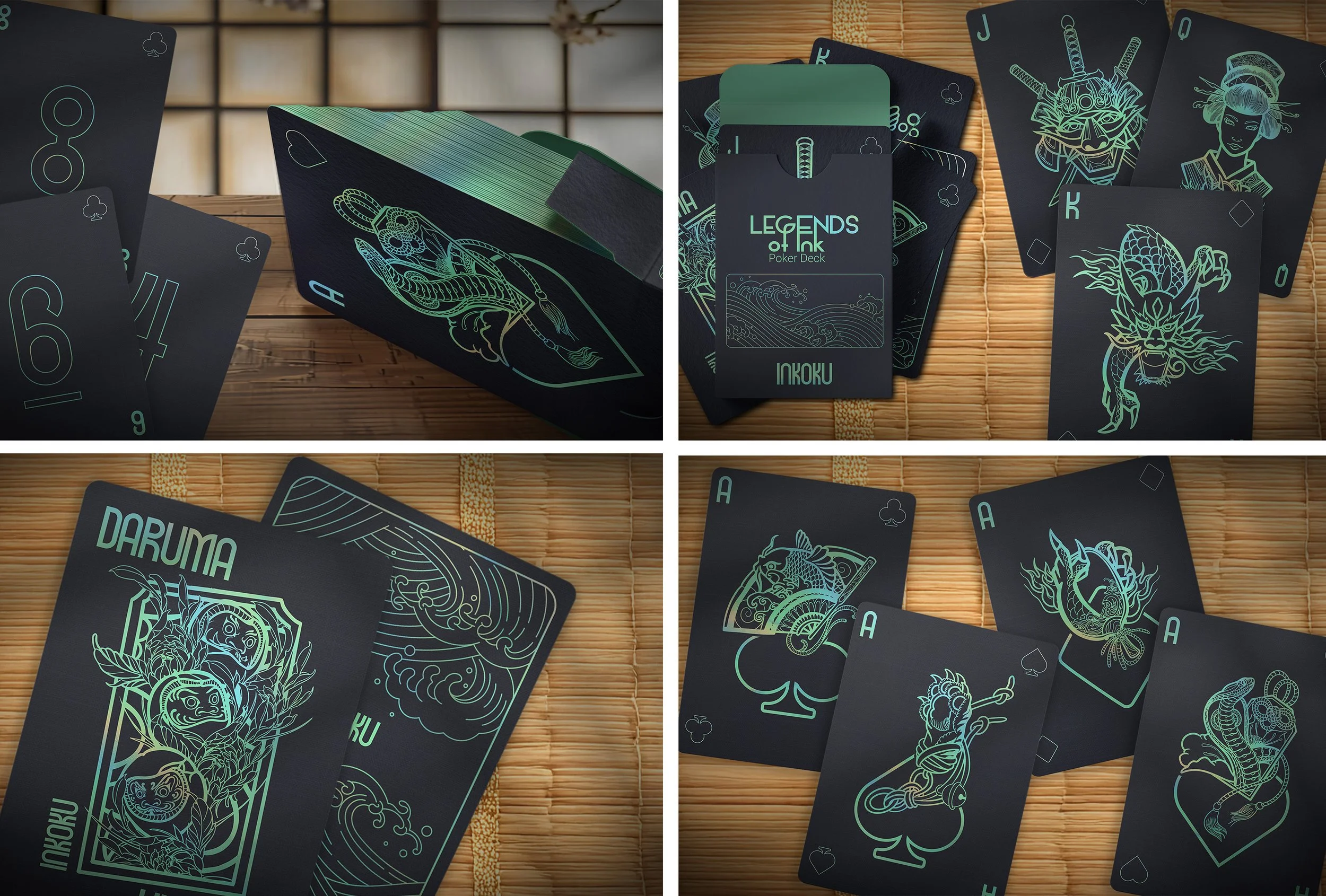 Set of black playing cards with neon-colored line drawings and text, featuring traditional and modern designs, arranged on wooden and bamboo surfaces.