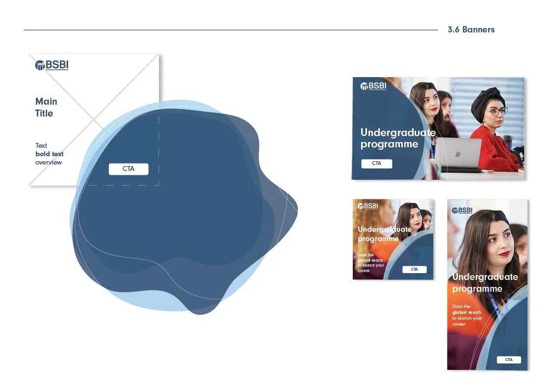 Three digital banners promoting an undergraduate program for BSBI, featuring young women students in classroom settings, with text about gaining global reach and launching careers.