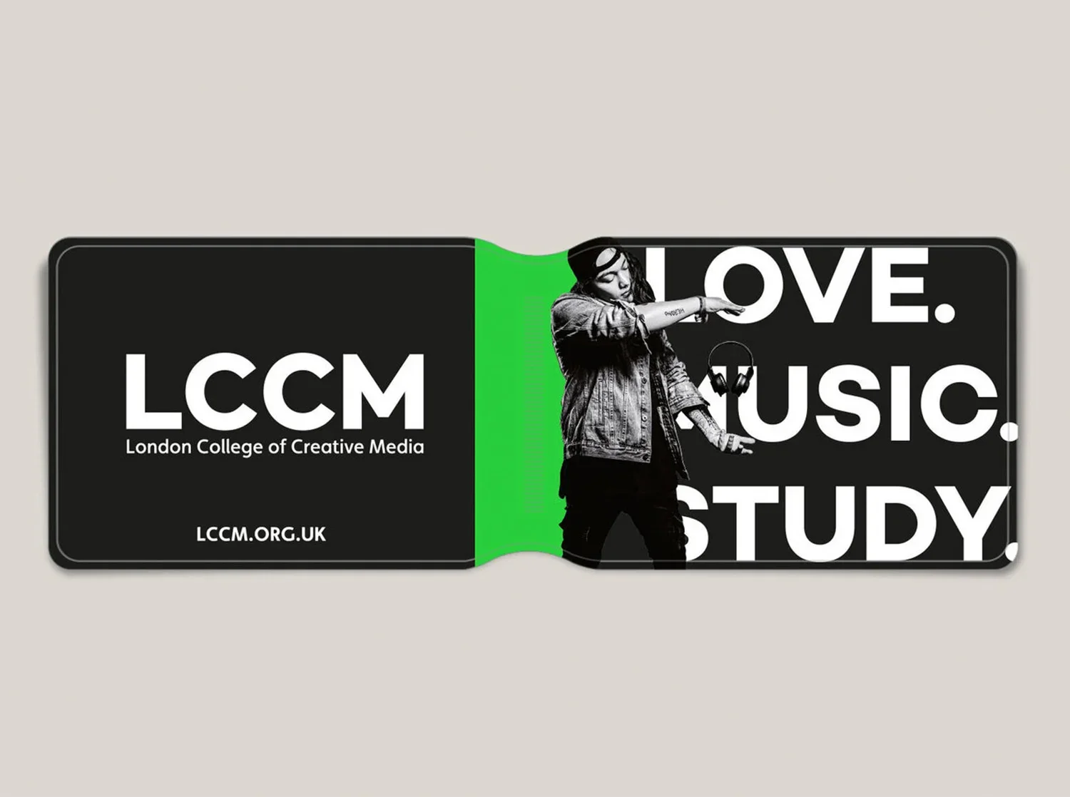 Promotional card for London College of Creative Media with the text "LOVE. MUSIC. STUDY." and a black and white photo of a woman with headphones and a denim jacket.