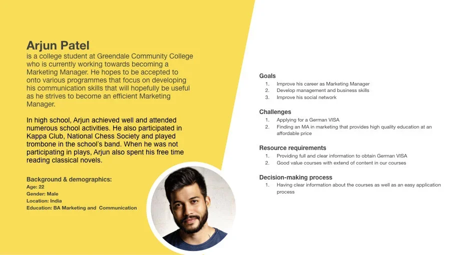 Image of a college student profile for Arjun Patel, including a biography, goals, challenges, resource requirements, decision-making process, and a portrait of him.