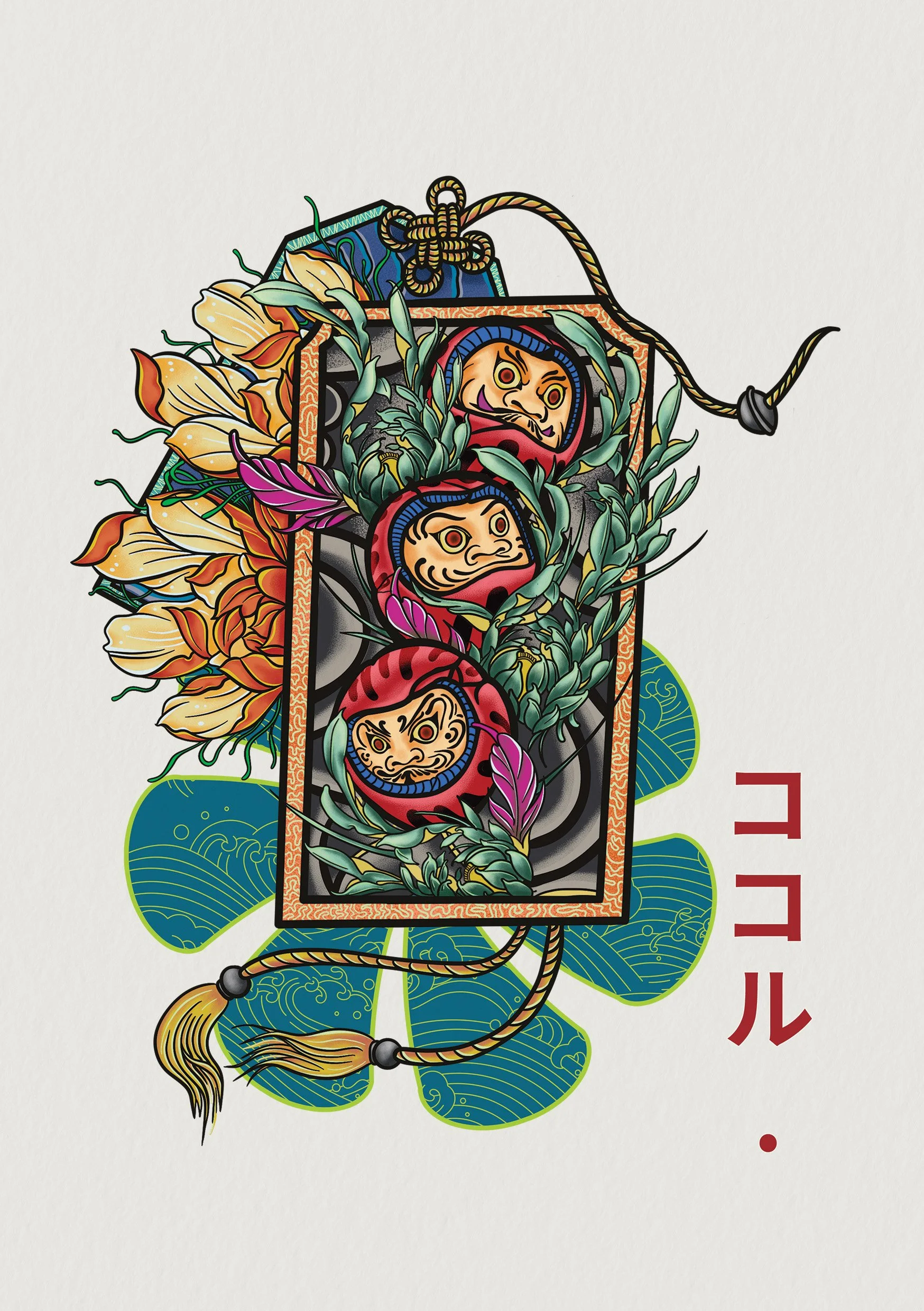 Traditional Japanese paper lantern with a design featuring multiple faces, surrounded by vibrant floral and foliage patterns, with stylized water and leaf motifs in the background.