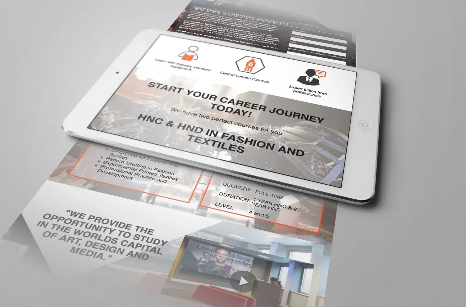 Digital brochure on a tablet advertising fashion and textiles courses with information on curriculum, delivery, and duration, displayed alongside printed flyer with similar content.