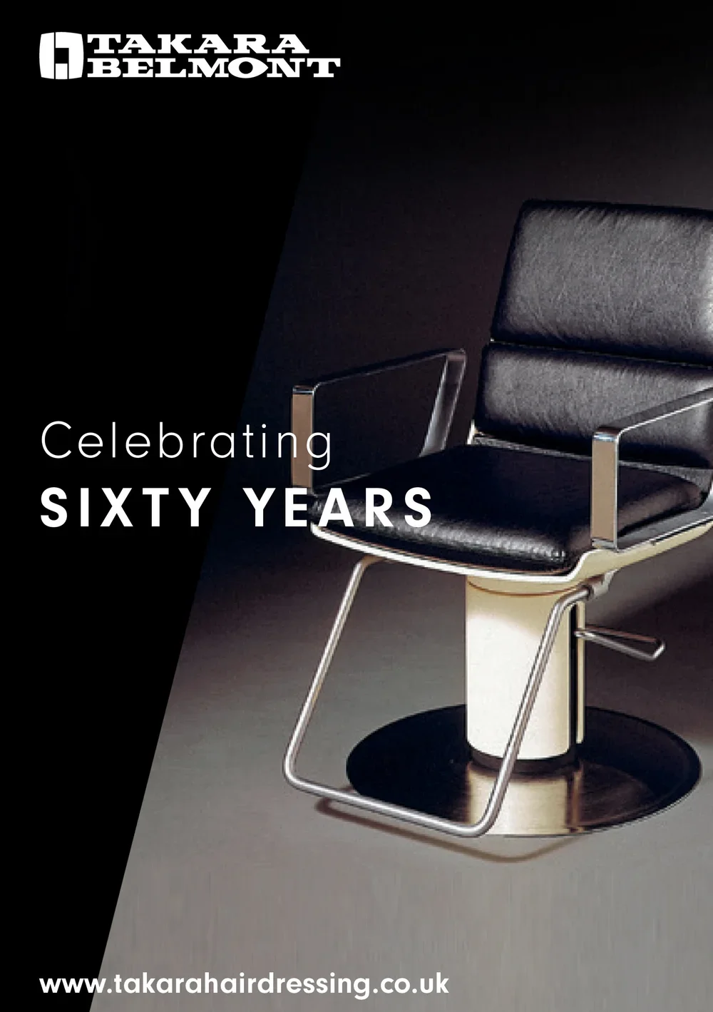 A black leather chair with chrome armrests and base, set against a dark background, celebrating sixty years.