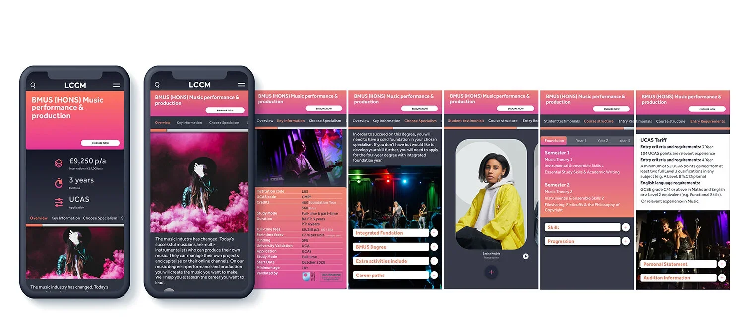 Series of screenshots showing a music performance and production program for a university, including course information, student testimonials, and a profile of a student named Sasha Keeble.