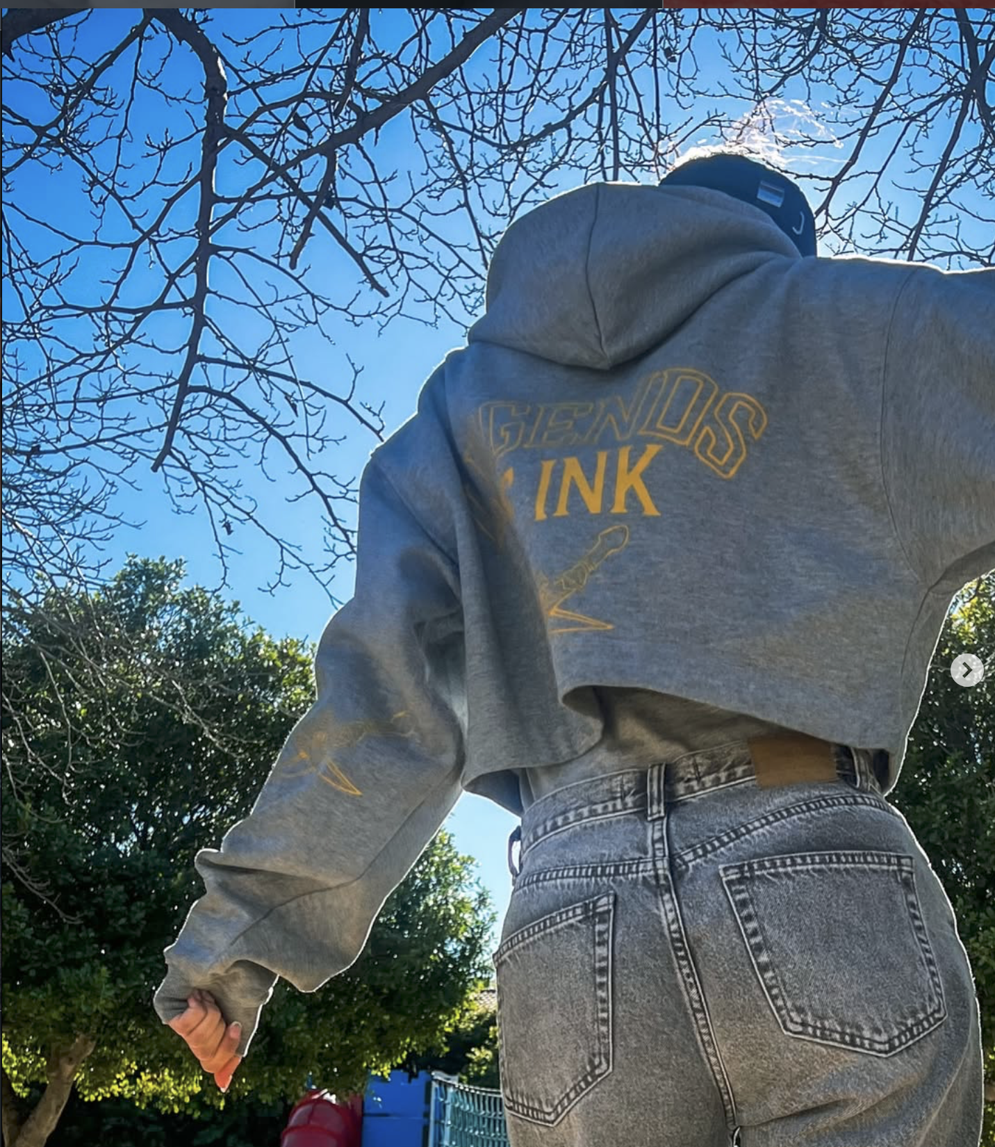 Person wearing a gray hoodie with gold text on the back reading 'GENDOS INK' and light blue jeans, standing outdoors under a clear blue sky with leafless tree branches overhead and green trees in the background.